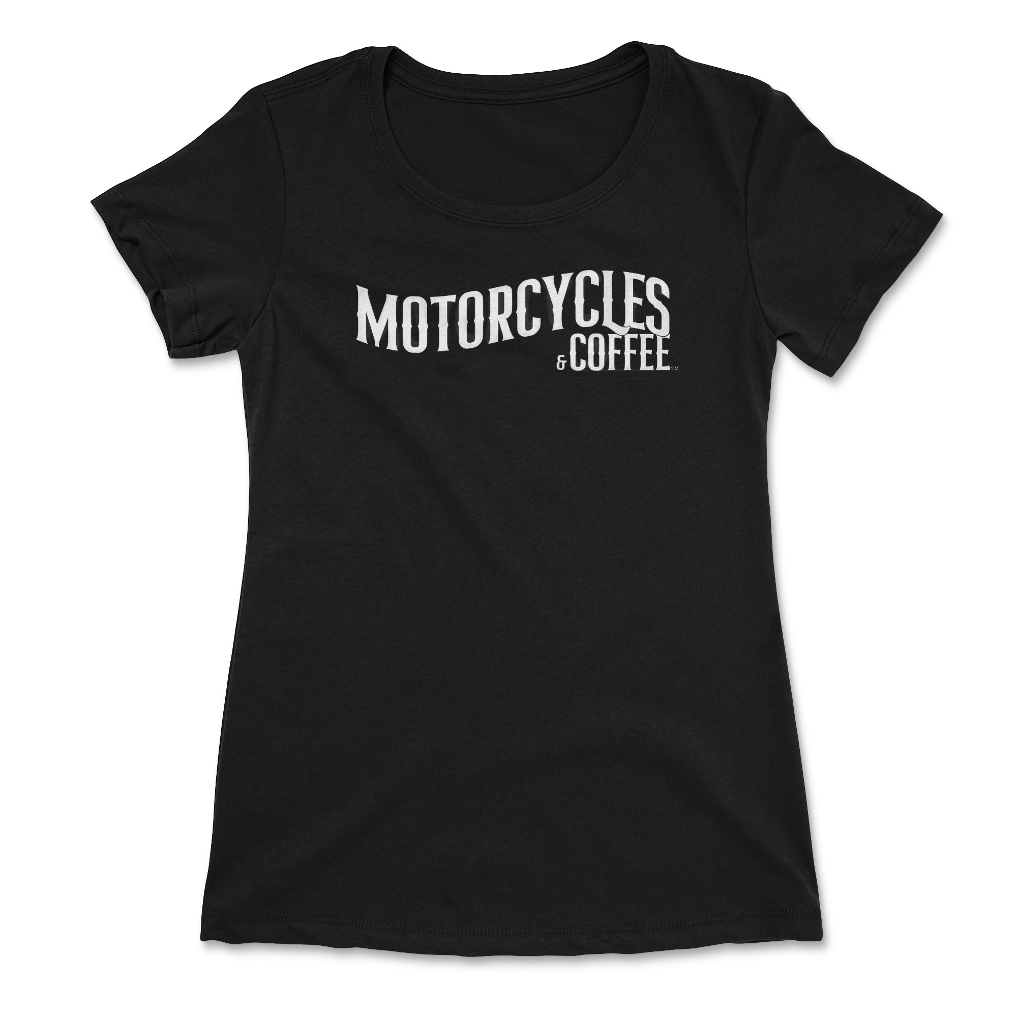 The perfect women’s riding shirt for bikers who live the motorcycle lifestyle, combining soft fabric, a classic logo, and all-day comfort. Black t-shirt with 'Motorcycles & Coffee' text on a white background
