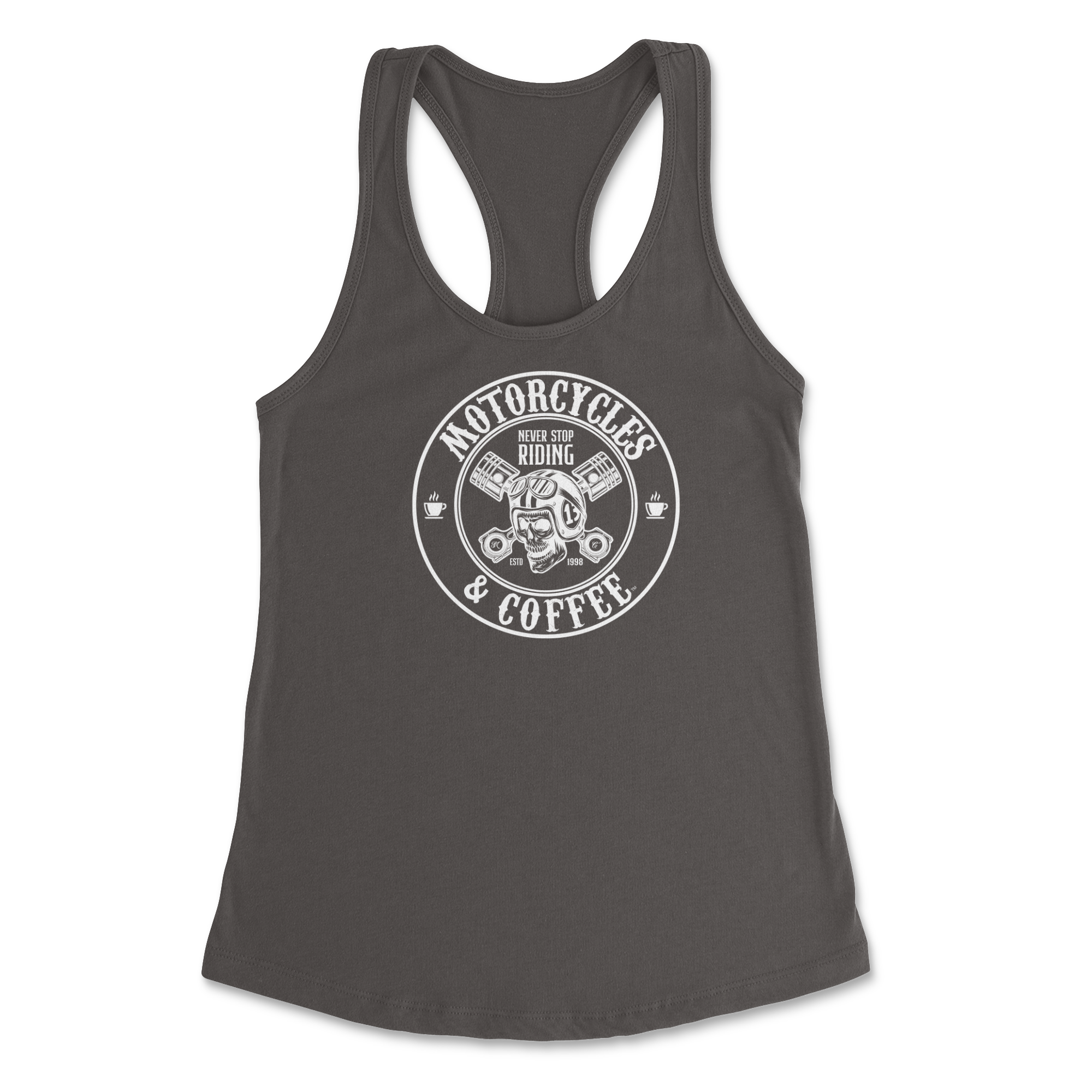 Motorcycles and Coffee Lucky Skull Ladies Racerback Tank Top