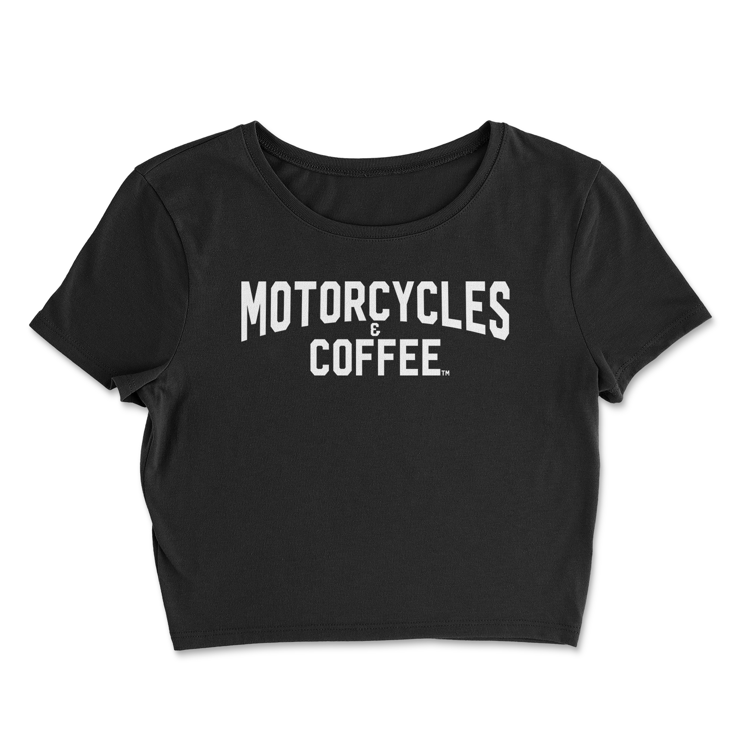 Black ladies crop top with the 'MOTORCYCLES & COFFEE' New York Style Logon in white.