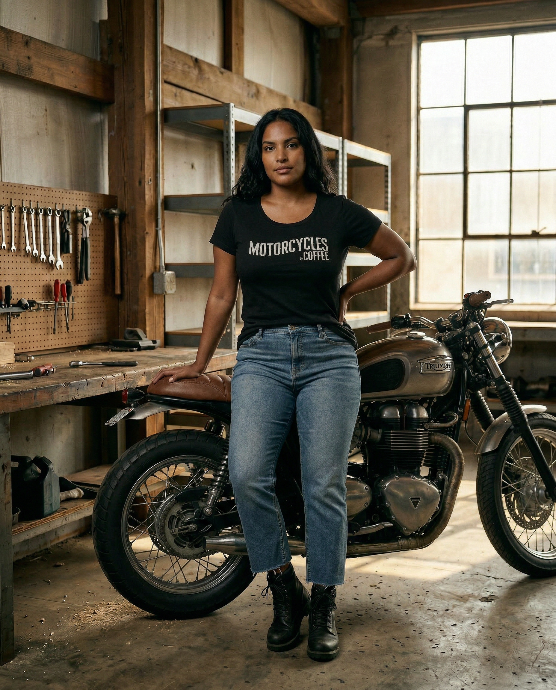 A timeless women’s fitted t-shirt featuring the Established logo, perfect for everyday wear, coffee runs, and motorcycle lifestyle enthusiasts.