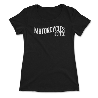 The perfect women’s riding shirt for bikers who live the motorcycle lifestyle, combining soft fabric, a classic logo, and all-day comfort.  Black t-shirt with 'Motorcycles & Coffee' text on a white background