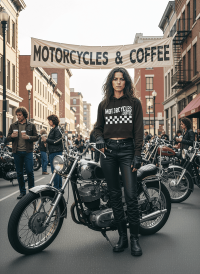 This checkered flag motorcycle hoodie is a nod to classic dirt track racing and the golden era of American moto culture. Built for riders and fans of vintage bikes, it delivers timeless style with a flattering cropped fit perfect for everyday wear.