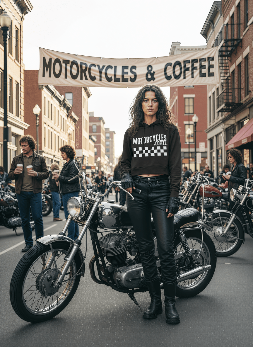 This checkered flag motorcycle hoodie is a nod to classic dirt track racing and the golden era of American moto culture. Built for riders and fans of vintage bikes, it delivers timeless style with a flattering cropped fit perfect for everyday wear.