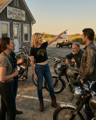 A go-to for female riders, this cotton-poly crop top offers a relaxed fit and timeless motorcycle culture appeal.