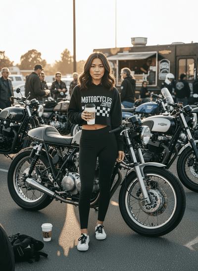 Designed with flat track racing roots, this crop hoodie brings together vintage checkers and modern street style. Perfect for fans of Harley-Davidson, Indian Motorcycles, and old-school racing culture, it’s built for both comfort and statement-making style.