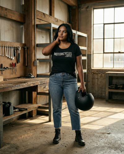 This women’s ideal fit t-shirt blends comfort and classic biker style with a clean, established design built for riders and coffee lovers.