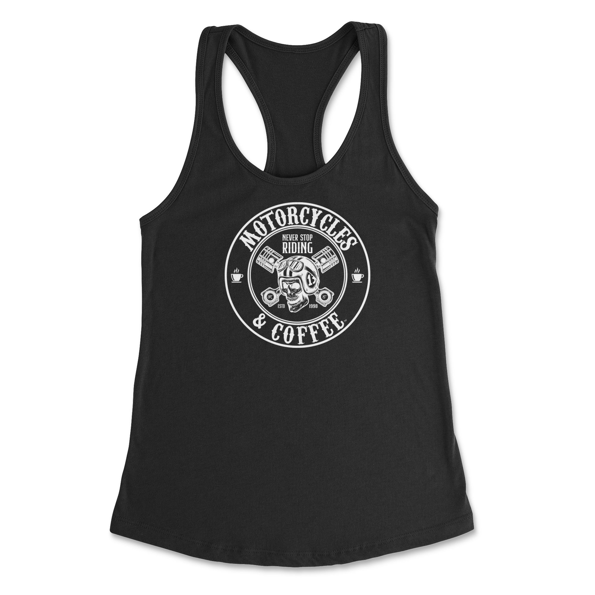 A stylish and comfortable racerback tank showcasing the iconic Lucky Skull logo, built for confident riders and coffee lovers alike.