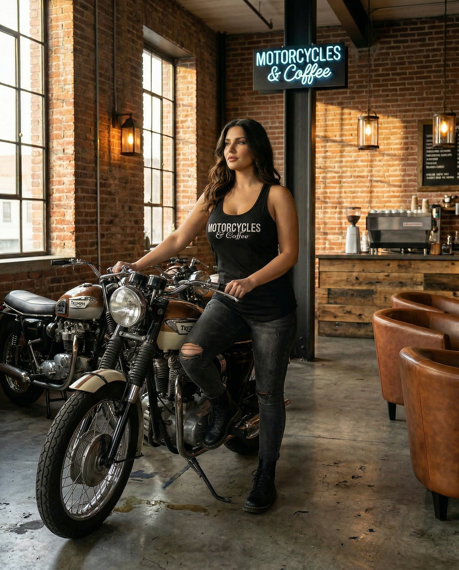 Designed for women who live the motorcycle lifestyle, this lightweight racerback tank blends comfort, style, and coffee-inspired culture.