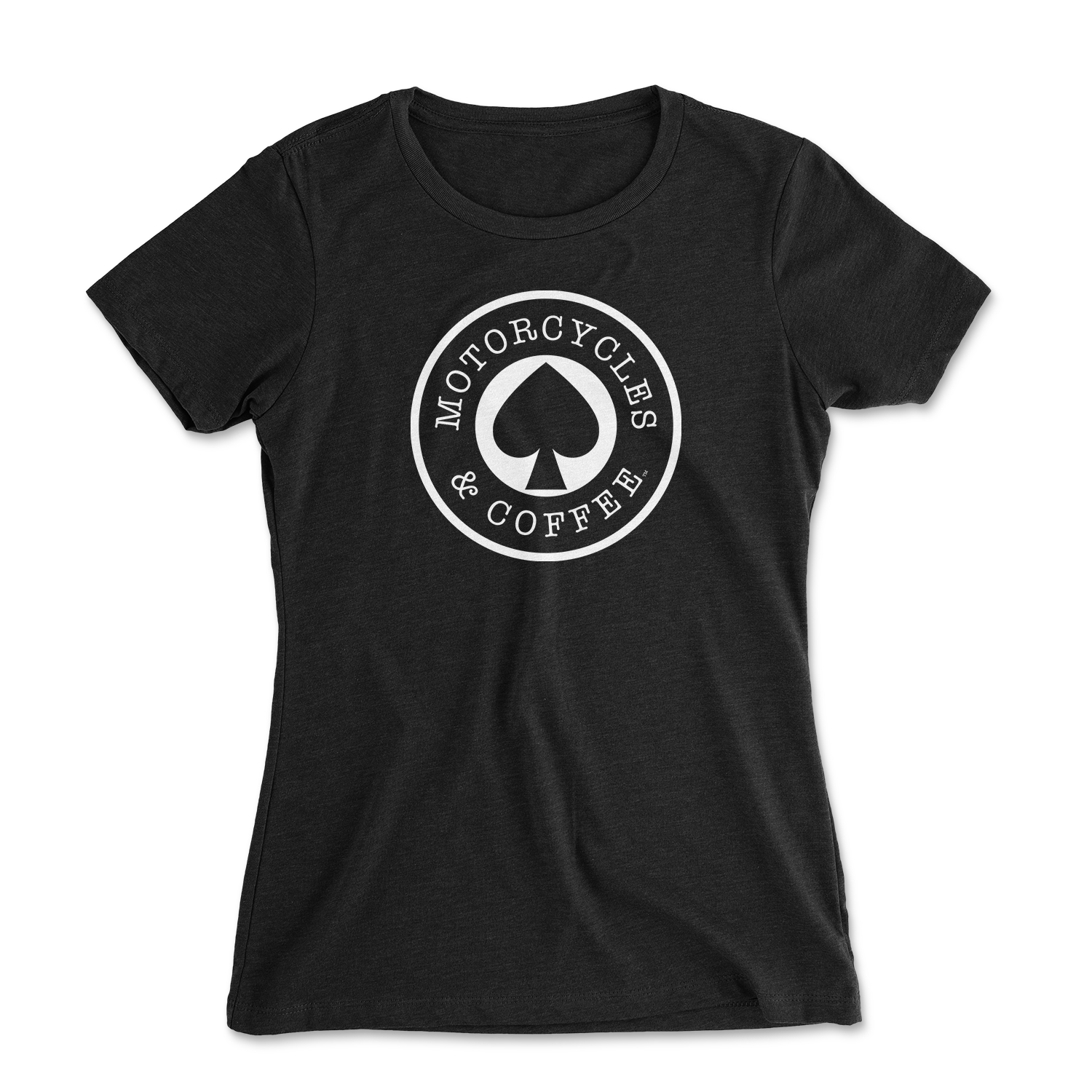 Womens relaxed fit t-shirt with the 'MOTORCYCLES & COFFEE ACE" logo.