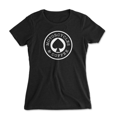 Womens relaxed fit t-shirt with the 'MOTORCYCLES & COFFEE ACE" logo.