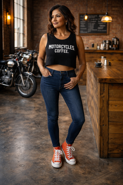 Lightweight and breathable, this women’s crop tank is perfect for coffee runs, bike meets, and everyday urban style.