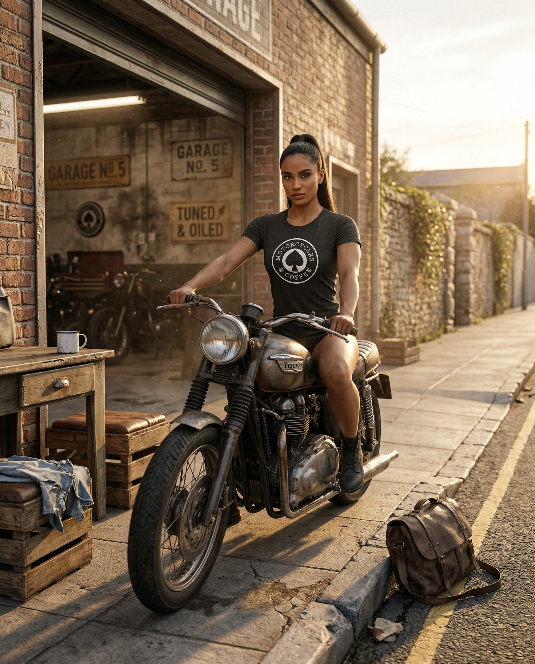 Athletic woman ready for the ride. Featuring a fitted relaxed black shirt.
