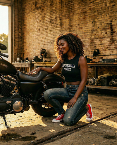 A flattering crop tank built for confident women who embrace the ride-and-coffee lifestyle with a New York edge.