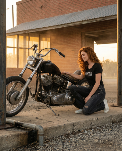 Designed for female motorcycle riders, this fitted t-shirt delivers a flattering fit with durable comfort for riding, events, and casual wear.