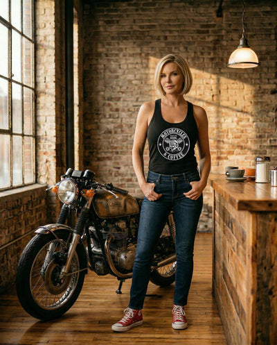 A bold women’s racerback tank featuring the Lucky Skull design, perfect for riders who embrace edgy motorcycle style and coffee culture.