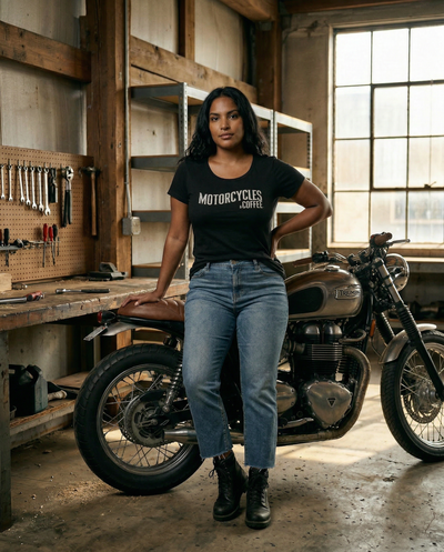 A timeless women’s fitted t-shirt featuring the Established logo, perfect for everyday wear, coffee runs, and motorcycle lifestyle enthusiasts.
