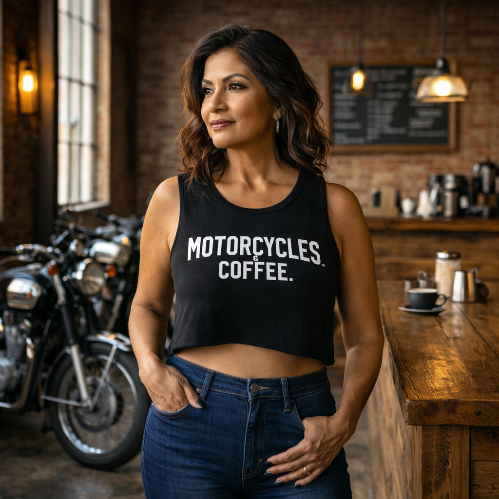 A bold women’s crop tank featuring the New York logo, perfect for riders who love city vibes, motorcycles, and coffee culture.