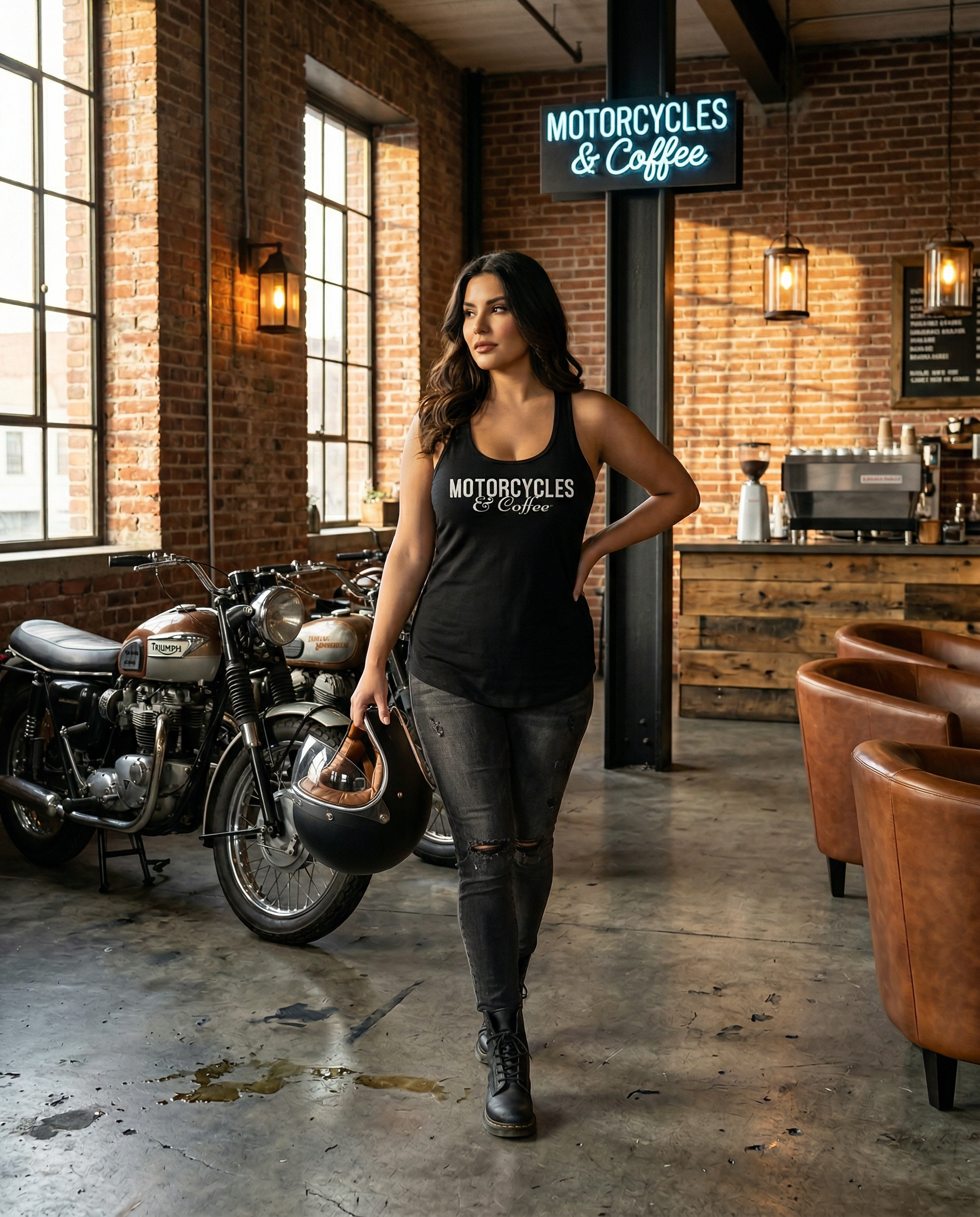 A stylish women’s racerback tank featuring the Motorcycles & Coffee Clean Logo, perfect for riders who love coffee culture and effortless everyday style.